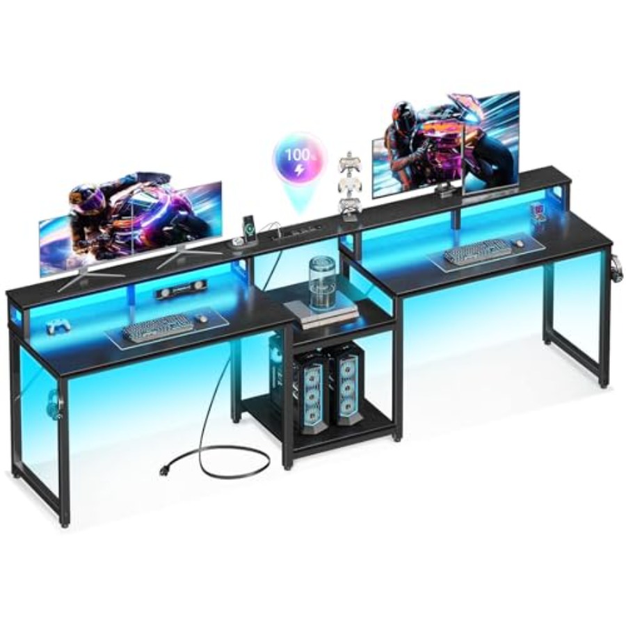 Desk Setup L Shaped - 2人用ゲーミングデスク、長さ98インチ、LEDライト付き、人工木材製、ブラック、ケーブル管理機能を備えた広々としたデュアルモニター設置スペース