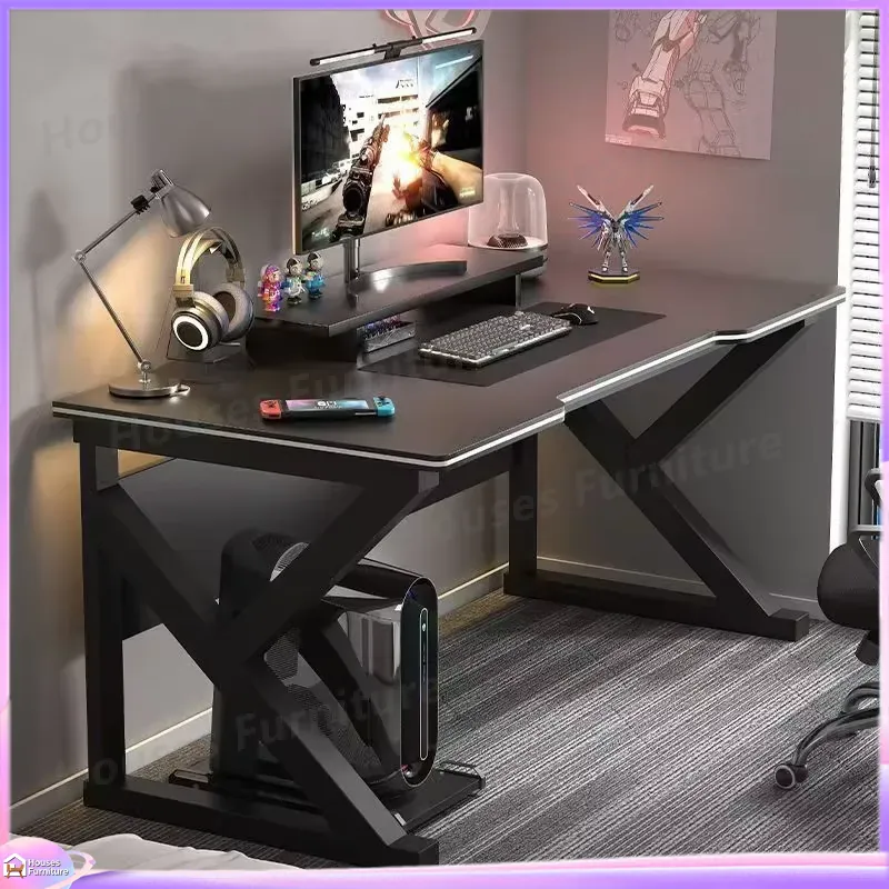 Desk Setup L Shaped - カフェメタルゲーミングデスクブラックMDFコンピューターテーブルPCセットアップ用人間工学に基づいたオフィスデスク、ケーブル管理機能付き