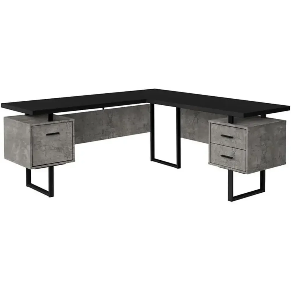 Desk Setup L Shaped - L字型の70cm幅コンピューターデスク。収納スペース付きで、家庭用オフィスに最適。右側に設置可能。グレーと黒のラミネート仕上げ。