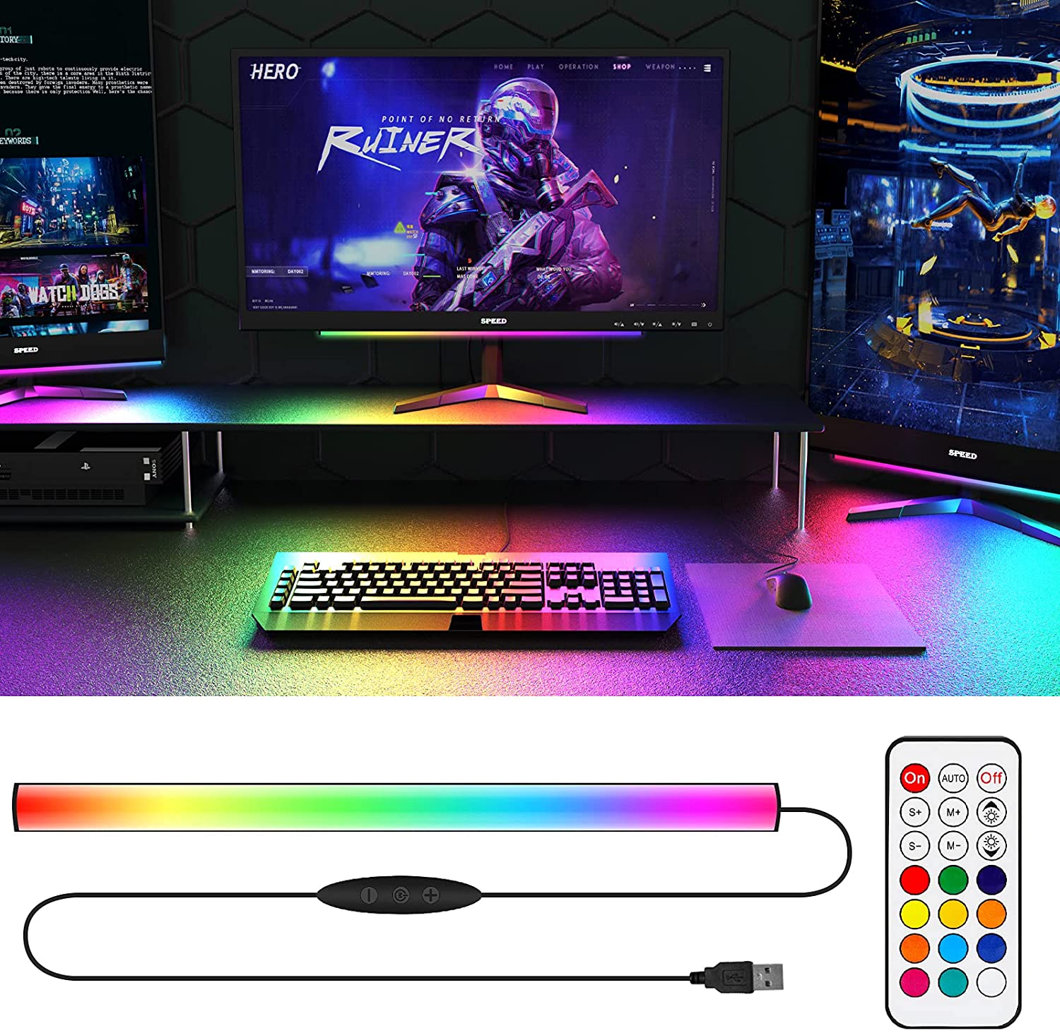Setup Desk Monitor - アンダーモニターライトバー RGB Dreamcolor アンビエントネオンサイン リモコン付き ゲームルーム装飾用