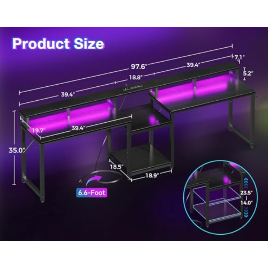 2人用ゲーミングデスク、長さ98インチ、LEDライト付き、人 - Desk Setup L Shaped のレビューと価格