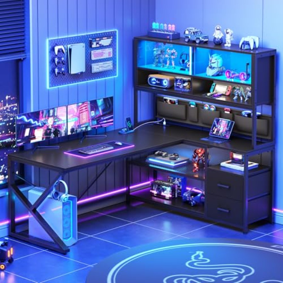 L字型のゲーミングデスク。収納棚付き、引き出し2つ、ゲーミン - Desk Setup L Shaped のレビューと価格