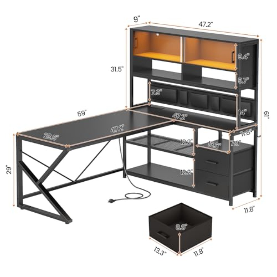 L字型のゲーミングデスク。収納棚付き、引き出し2つ、ゲーミン - Desk Setup L Shaped のレビューと価格