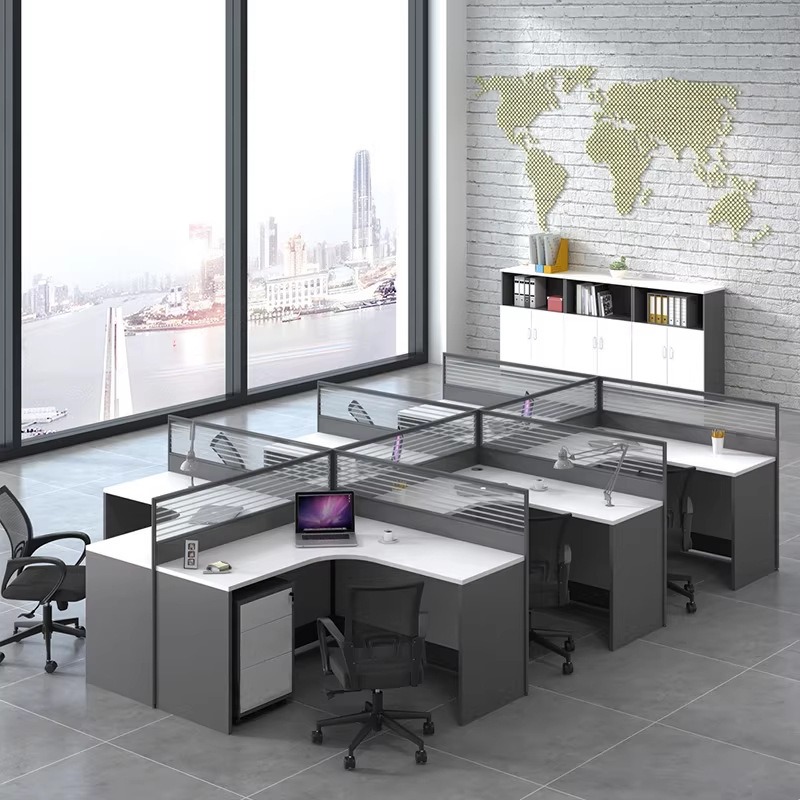 白いオフィスデスク（2人、4人、6人用）ドライキングテンコー - Desk Setup L Shaped のレビューと価格