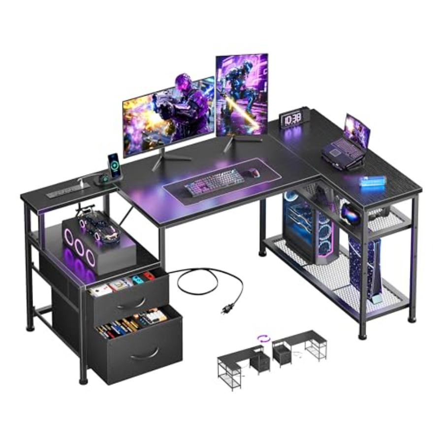 49インチのL字型ゲーミングデスク。電源コンセント付き。ブラ - Desk Setup L Shaped のレビューと価格